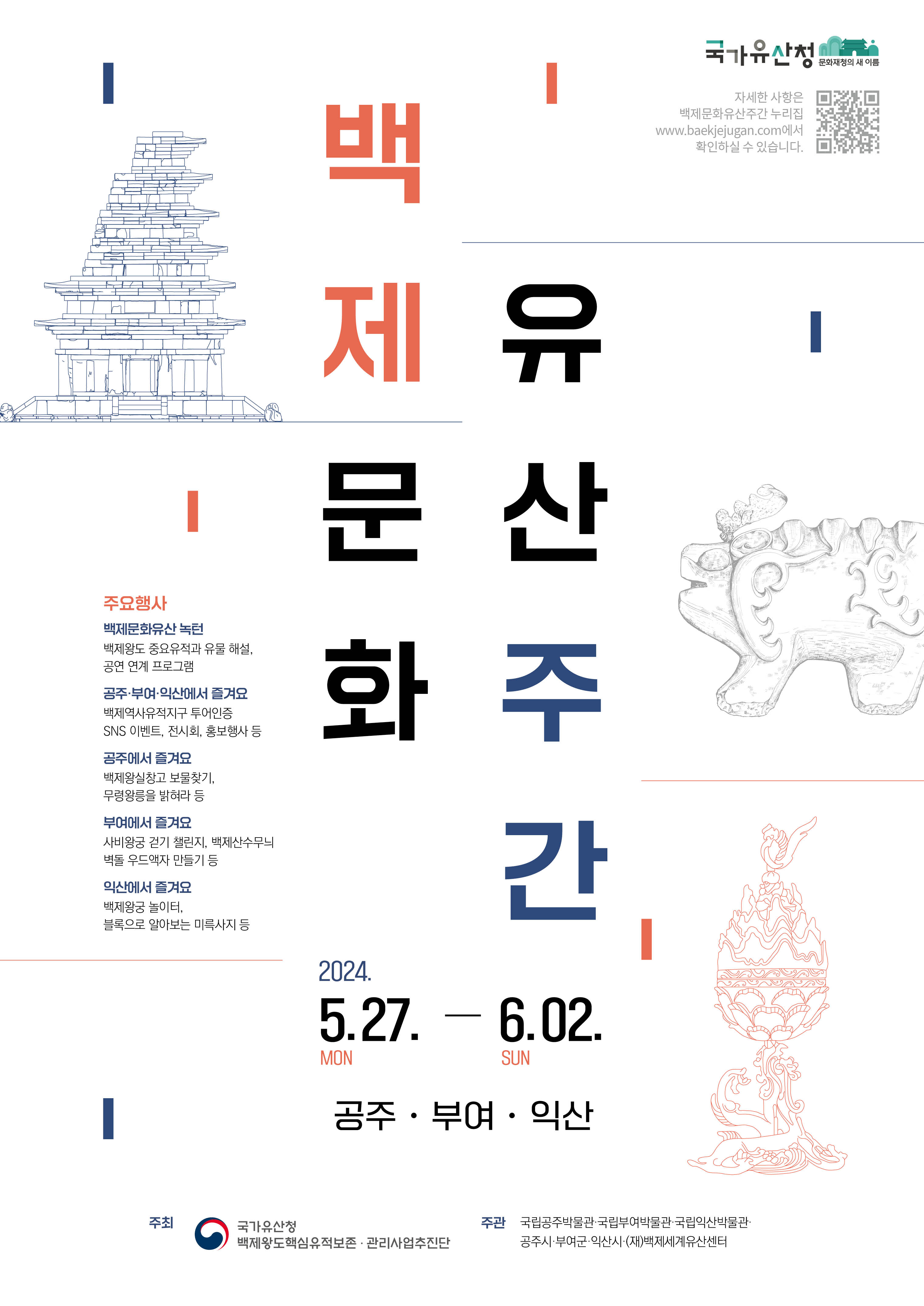 국가유산청 문화재청의 새 이름 자세한 사항은 백제문화유산주간 누리집 www.baekjejugan.com에서 확인하실 수 있습니다. 백제문화유산주간 주요행사  백제문화유산 녹턴 백제왕도 중요유적과 유물 해설, 공연 연계 프로그램 공주·부여·익산에서 즐겨요 백제역사유적지구 투어인증 SNS 이벤트, 전시회, 홍보행사 등 공주에서 즐겨요 백제왕실창고 보물찾기, 무령왕릉을 밝혀라 등 부여에서 즐겨요 사비왕궁 걷기 챌린지, 백제산수무늬 벽돌 우드액자 만들기 등 익산에서 즐겨요 백제왕궁 놀이터, 블록으로 알아보는 미륵사지 등 2024.5.27 MON - .6.02.SUN 공주·부여·익산 주최 국가유산청 백제왕도핵심유적보존·관리사업추진단 주관 국립공주박물관·국립부여박물관·국립익산박물관· 공주시·부여군·익산시·(재)백제세계유산센터